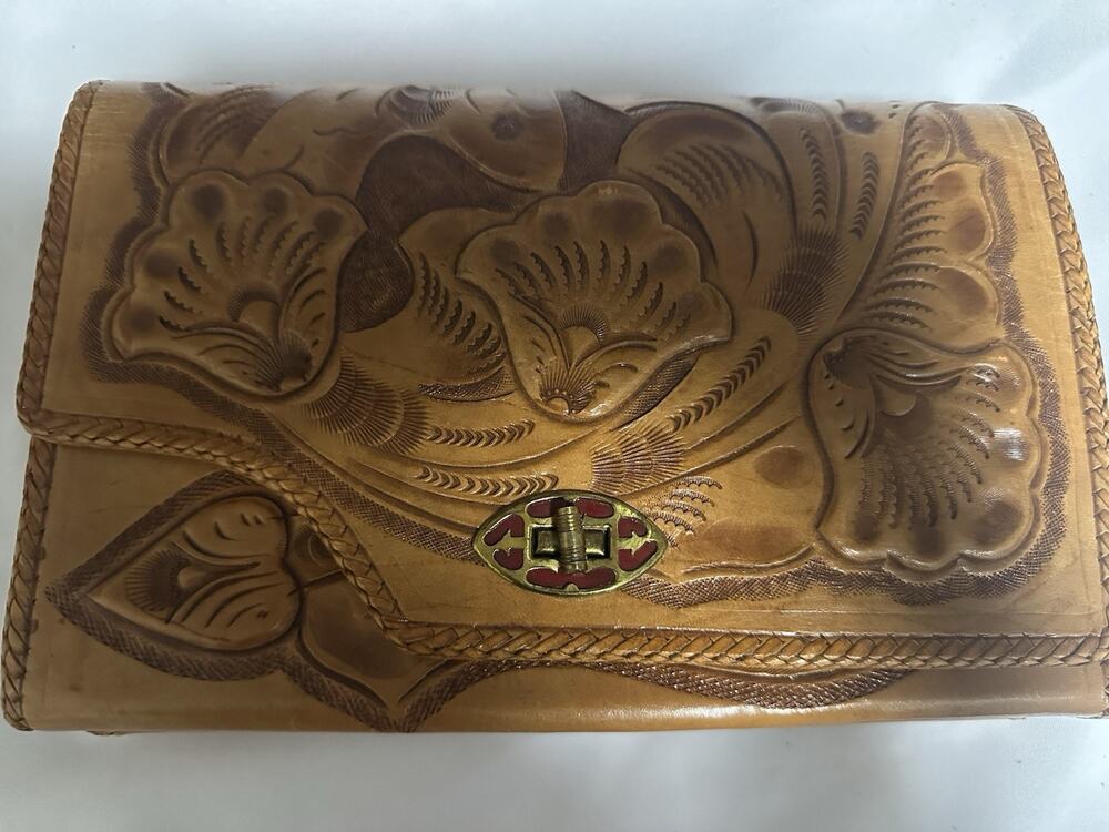 mexican vintage hand tooled leather purse handbag floral design rectangular